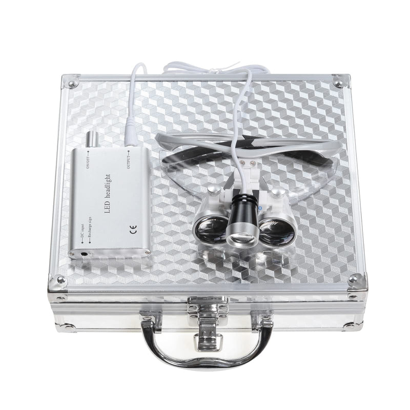 [Australia - AusPower] - BoNew Dental 3.5X-420mm Surgical Binocular Loupes Magnifier Kit With LED Head Light Silver Aluminum Box Color 