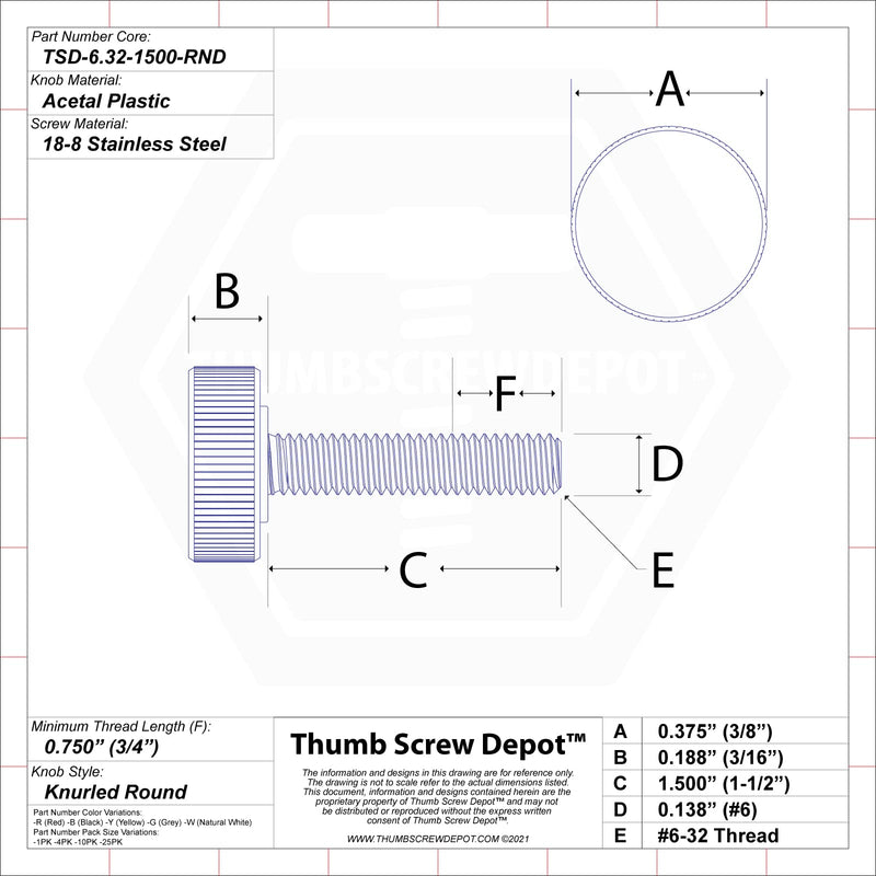 [Australia - AusPower] - #6-32 x 1-1/2" Thumb Screw Stainless Steel - Black Knurled Round Plastic Knob - Standard/Coarse Thread ThumbScrew - Length: 1.500" - Proudly Built in USA - Package of (4) 4 