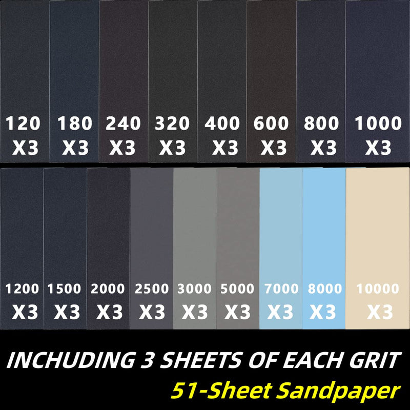 [Australia - AusPower] - FEIHU Sandpaper Set, Grit from 120/180/240/320 to 7000/8000/10000, Waterproof Wet and Dry for Automated Sanding, Epoxy Resin, Wood, Stone, Varnish, Metal, Cars, 9 x 3.6 Inches (51 Pieces) 9×3.6 inch/51 PCS 