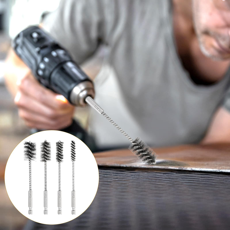[Australia - AusPower] - 4 Pcs Stainless Steel Wire Brushes for Drill Stainless Steel Bore Brush Set 3/8'' 1/2'' 3/4'' 7/8'' Bristles Wire Brush with Hex Shank Handle for Drill Ports Tubes Bearings Cleaning Parts 
