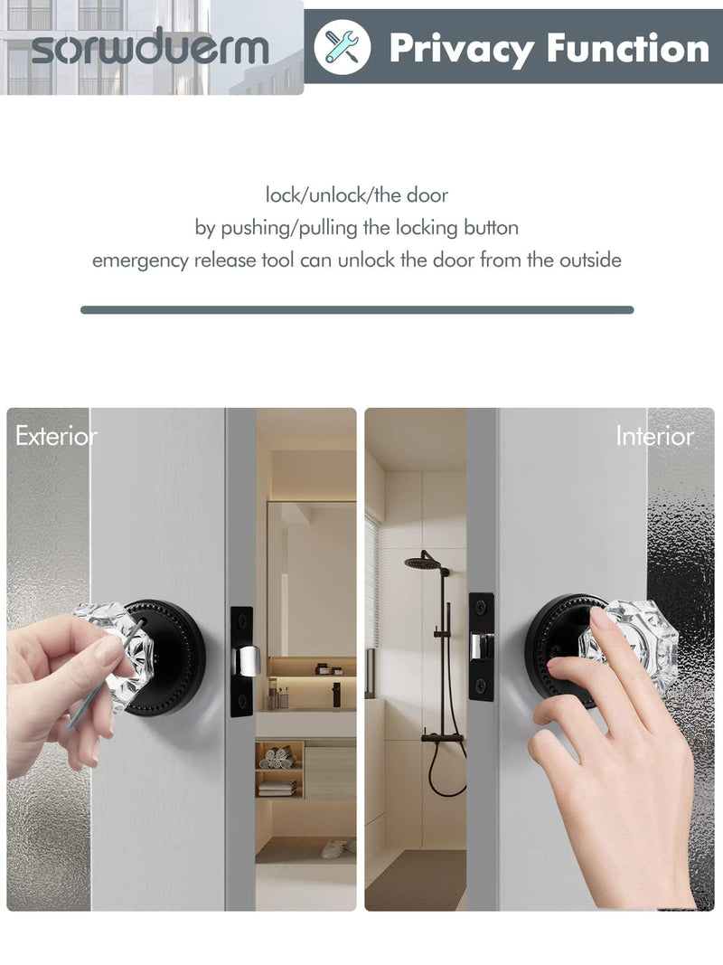 Black Door Knobs Crystal Door Knob Interior Privacy Glass Door Knob for Bedroom and Bathroom,Zinc Alloy Matte Black 1 Pack Black-Privacy