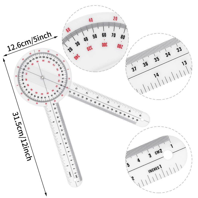 [Australia - AusPower] - Prasacco 12 Inch Goniometer, Transparent Orthopedic Angle Ruler Plastic Goniometer 360 Degree Goniometer Angle Protractor Goniometer for Body Measuring Tape Goniometer Protractor Ruler 