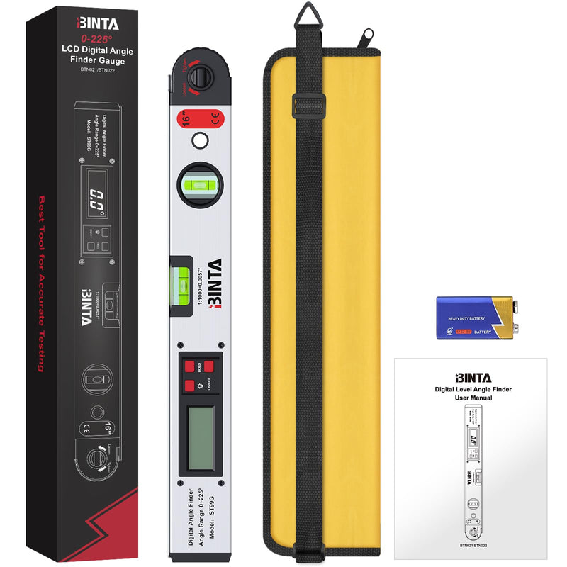 [Australia - AusPower] - BINTA Digital Angle Finder 0-225° Range, Backlit LCD Aluminum Angle Finder Tool with Horizontal/Vertical Dual Bubble Meter Storage Bag for Woodworking, Machinery, Construction, DIY(Silver) Silvery 