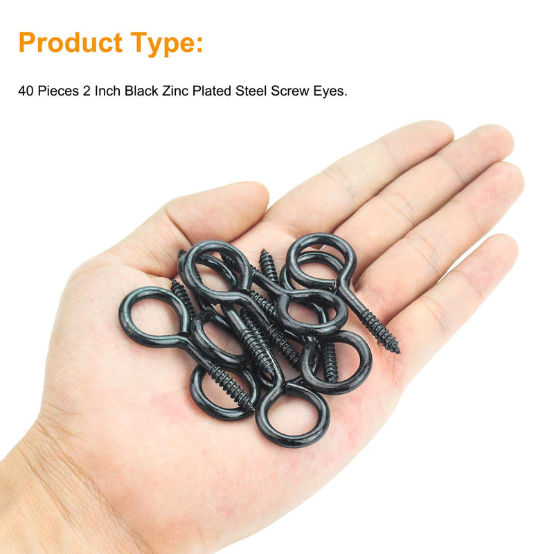 40 Pieces 2 inch Screw Eyes, Black Zinc Plated Steel Screw Eyes, Self Tapping Screw Hooks, Metal Eye Hooks, Eyelet Screws 2 Inch (40 Pieces)