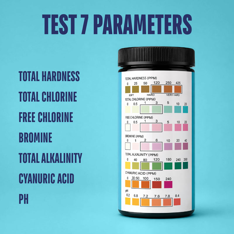 JNW 7-in-1 Pool Test Strips, 150 Quick & Accurate Test Strips for Pool Water, Spa Test Strips for Hot Tub, Chlorine Test Strips, Bromine, pH, Alkalinity, Hardness & More - Swimming Pool Test Kit 150 STRIPS - 7 IN 1 POOL TEST STRIPS