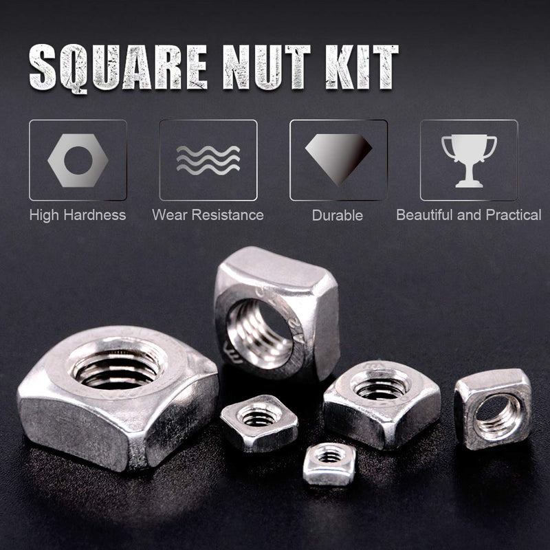 [Australia - AusPower] - Swpeet 220Pcs 304 Stainless Steel 6 Sizes Metric Square Nuts Assortment Kit, Machine Screw Nuts Metric Coarse Thread - M3 M4 M5 M6 M8 M10 