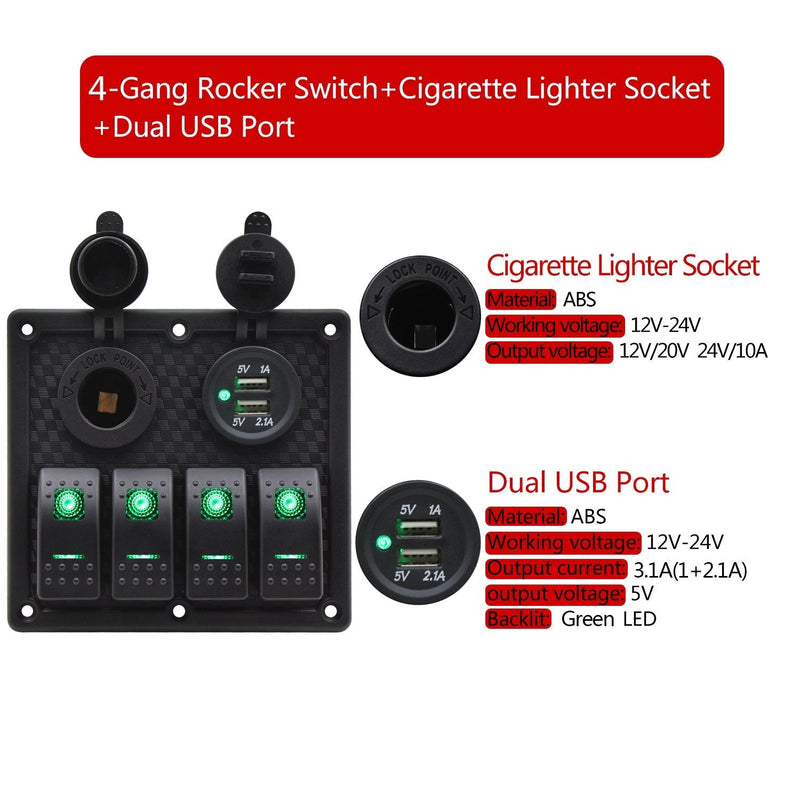 FXC Waterproof Marine Boat Rocker Switch Panel 4 Gang with Dual USB Slot Socket + Cigarette Lighter LED Light for Car Rv Vehicles Truck (4 Gang Green Light)