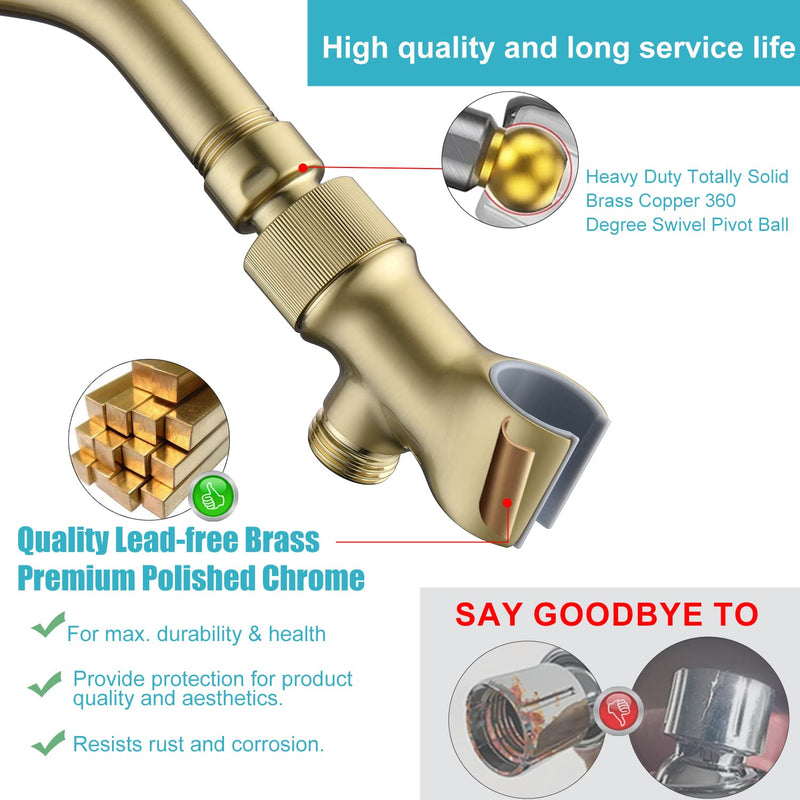 Shower Head Holder All Metal Adjustable Handheld Shower Arm Mount, 1/2" Shower Hose Holder Fits Most Hand Showerheads, Brass Hand Held Shower Head Holder , Easy to Install(Brushed Gold) Brushed Gold
