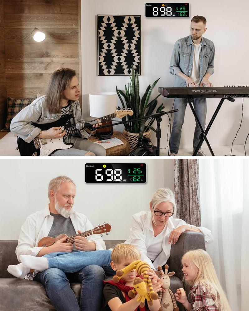 [Australia - AusPower] - Digital Decibel Meter, 3-in-1 Sound Level Meter, Wall Hanging, Sound Level Meter with Temperature & Humidity, 30 ~ 130 dB, 11 Inch Large LED Screen, for Home, Baby Room, Library Wall mounted (T4-DM1306D) 
