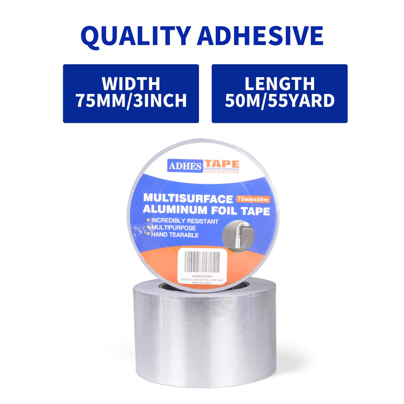 ADHES Premium Aluminum Foil Tape, 3 Inch x 164 Feet (55 Yards), Heat Proof Tape Withstand from 80°C to 100°C, Metal Duct Tape for HVAC, Sealing & Patching, Dryer Vents Pipe 75mm x 50m 1