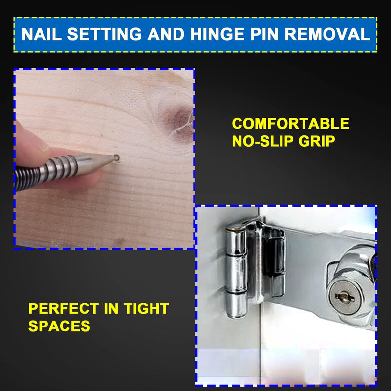 [Australia - AusPower] - Spring Nail Set,Dual Head Nail Setter,4pcs Hammerless Door Hinge Pin Removal Tool,Striking Force Spring Loaded Nail Punch?1/8-in, 3/32-in, 3/16-in, 1/16-in, 1/32-in, 1/8-in? 1/8-in,3/32-in,3/16-in,1/16-in,1/32-in,1/8-in,4pcs 