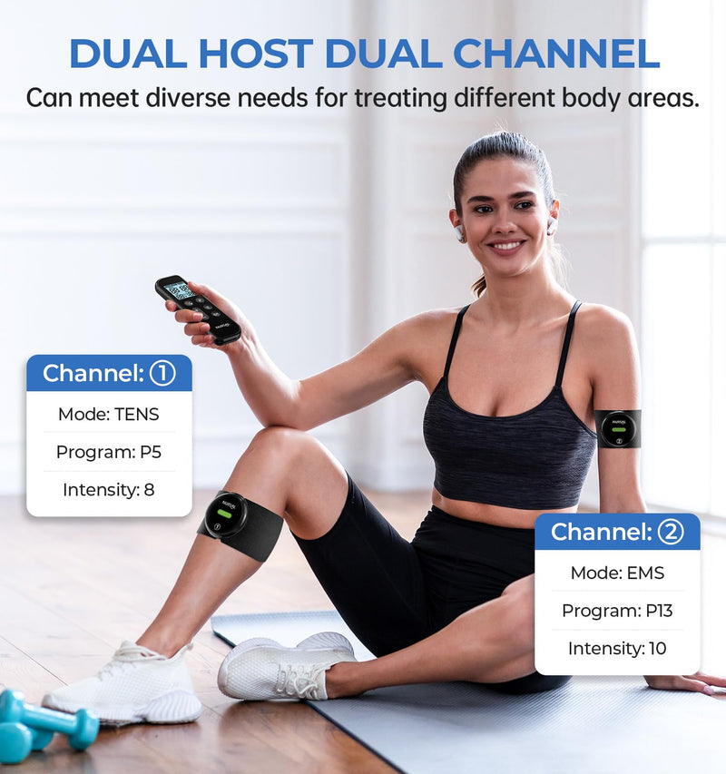 [Australia - AusPower] - NURSAL Wireless TENS Unit Muscle Stimulator, Dual Host TENS EMS Machine for Pain Relief, 18 Modes 20 Intensity Remote Control Pulse Physical Electrotherapy for Back Shoulder Pain (2 Pads) Black 