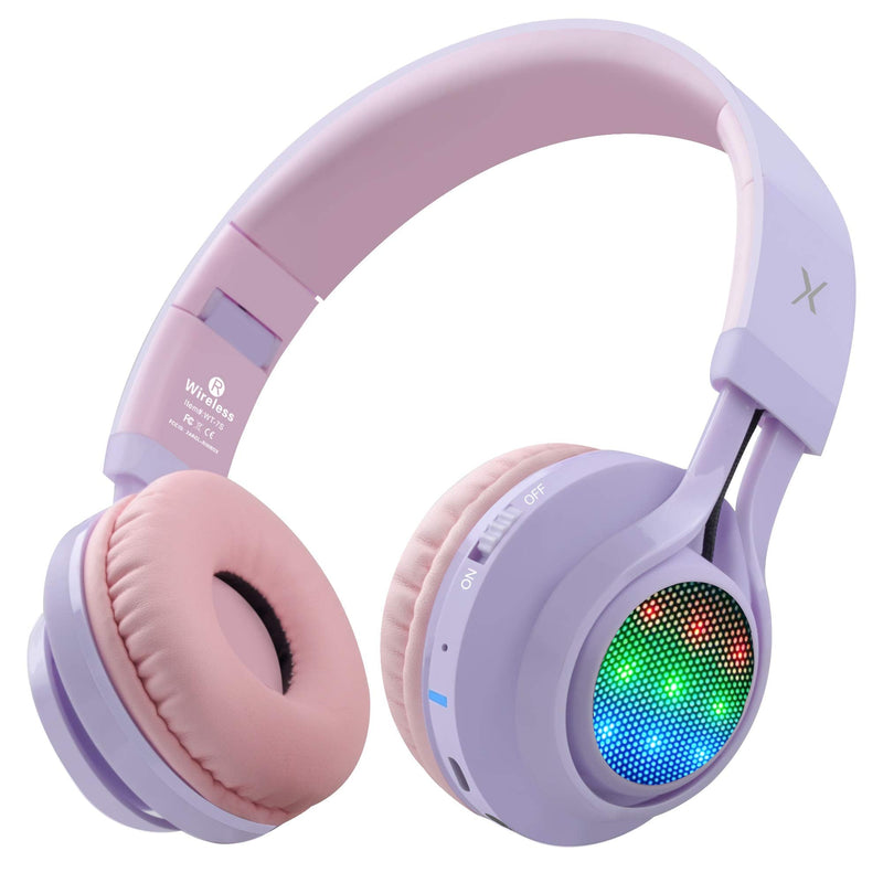 [Australia - AusPower] - Riwbox WT-7S Kids Bluetooth Headphones Light Up, Foldable Stero Wireless Headset with Microphone and Volume Control for PC/Tablet/TV/Travel (Purple) Purple 