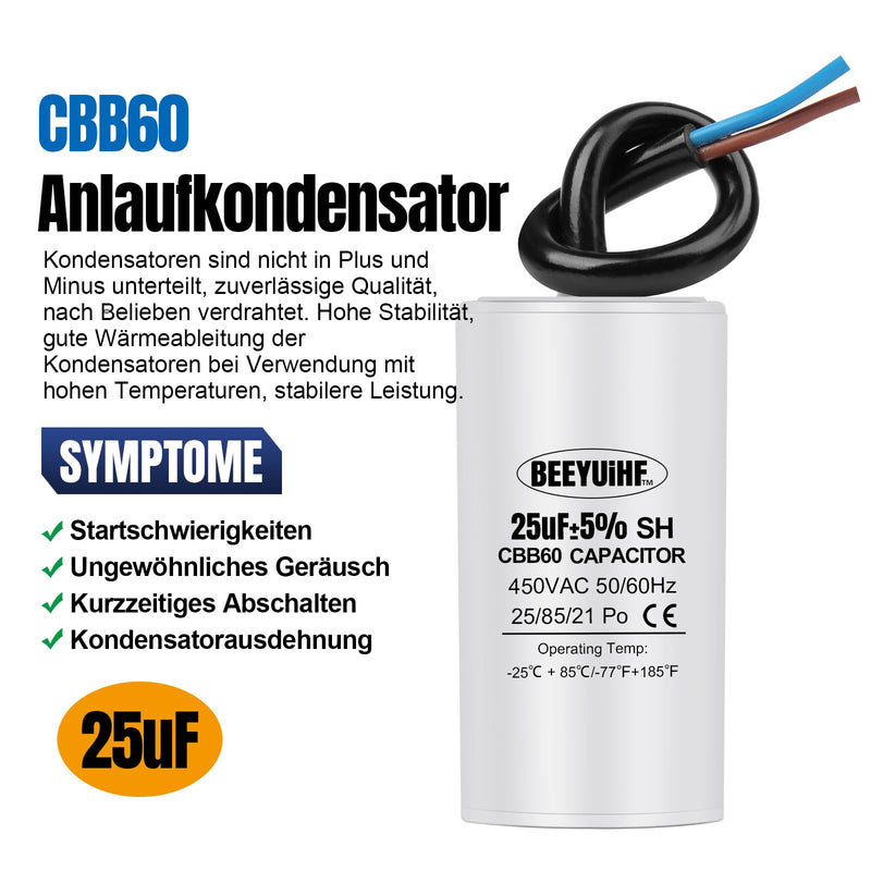 CBB60 450V 25uf Motor Capacitor, 50/60Hz Capacitors, Starting Capacitor with Cable, 25µF 450V Motor Capacitors for Electric Motor - 38 x 70 mm 25μF / 25uF
