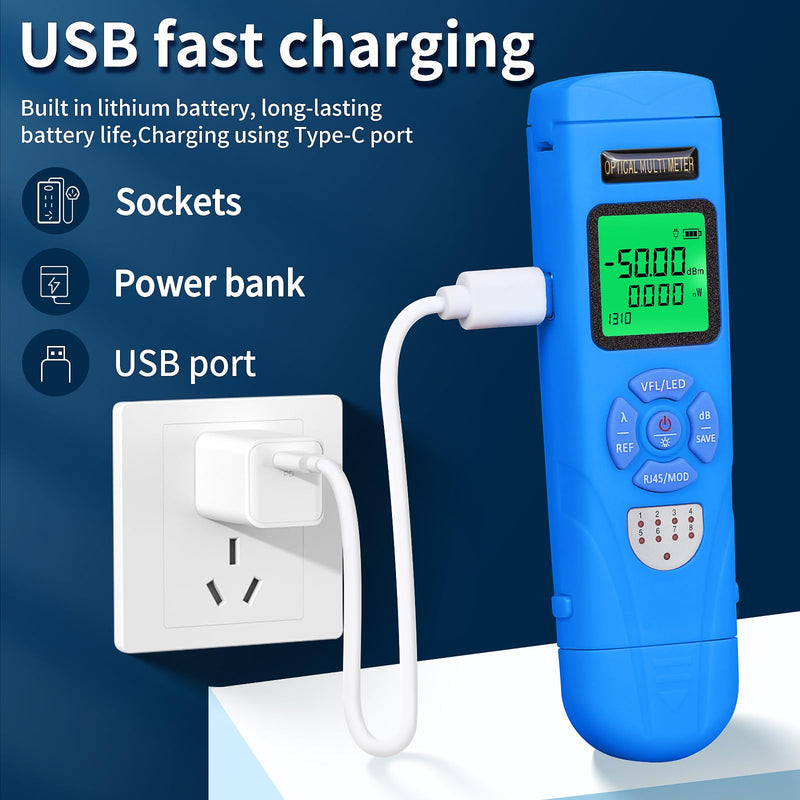 [Australia - AusPower] - Rechargeable Optical Power Meter L-C50-15 mini Optical Power Meter All-in-one Machine, Suitable for SC/FC/ST/LC Interface Four in one Function, Built-in RJ45 Network Testing, with 1 FC-LC Adapter blue L-C50 15 