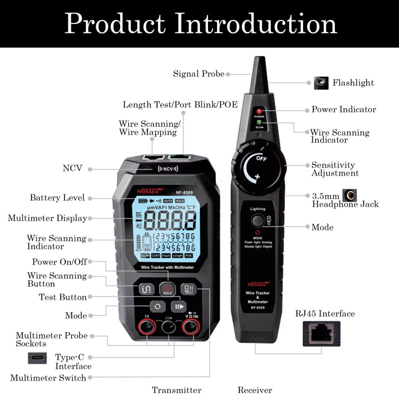 [Australia - AusPower] - Network Cable Tester with Multimeter Tester, NCV AC DC Voltmeter, POE Tester, TDR Network Tester, RJ45 CAT5 CAT6 Ethernet Cable Tester with Port Flashing 
