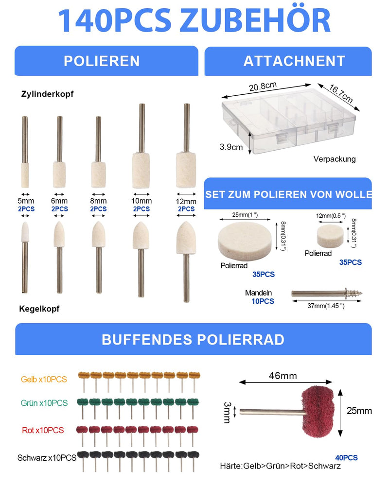 [Australia - AusPower] - 140 Pieces Multifunctional Wool Felt Polishing Bits for Dremel with Dremel Grinding Attachments, Wool Felt Polishing Wheel, Polishing Attachment, Cordless Screwdriver, for Metal, Bike, Wheel Hub, 