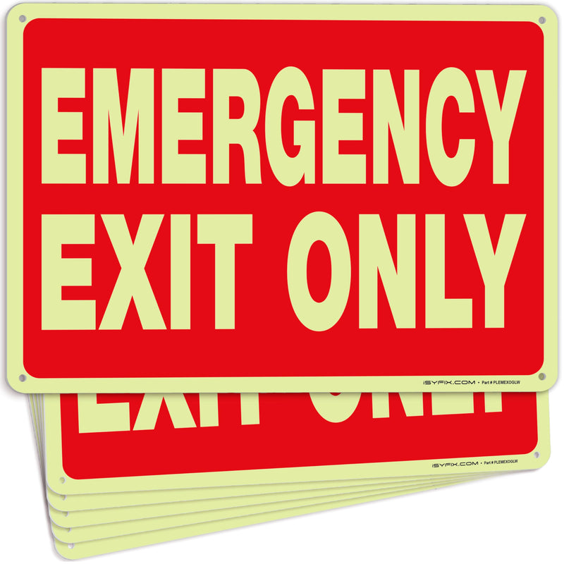 iSYFIX Emergency Exit Only Glow in the Dark Sign – 6 Pack 10x7 Inch – 40 mil Thick Polystyrene Plastic Sign, Laminated UV, Scratch & Fade Resistance, Waterproof, Indoor & Outdoor 6 Pk 10x7 Plastic Glow