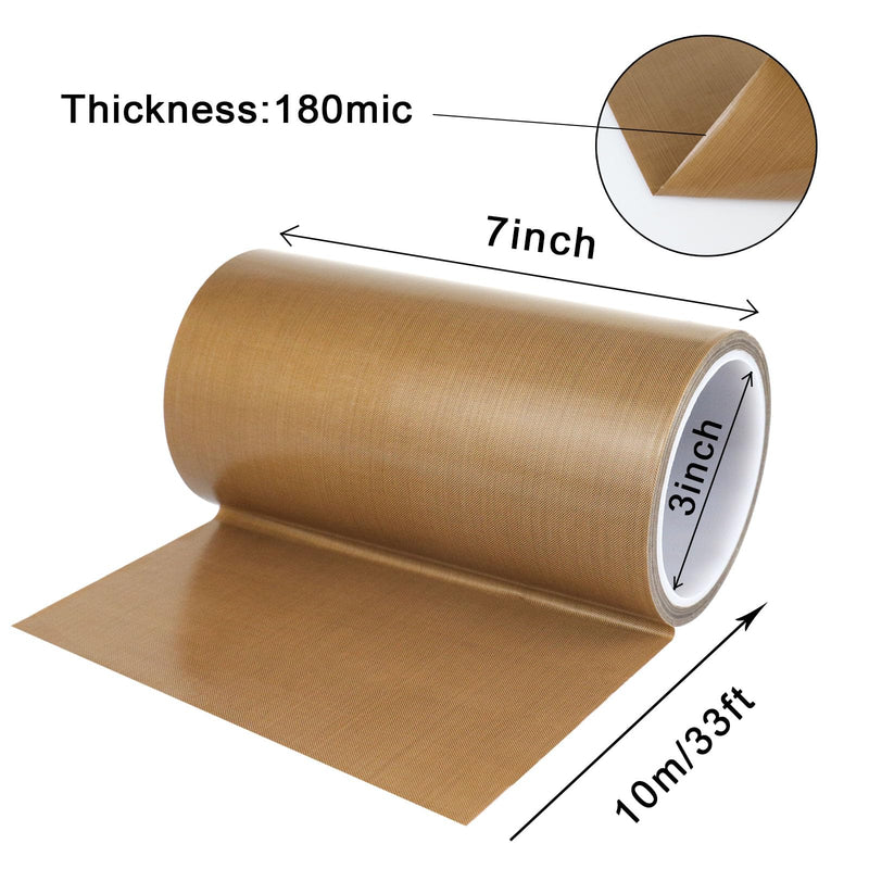 BOMEI PACK PTFE Glass Cloth Tape, 1 Pack 7 "x 33 ft High Temperature PTFE Tape Abrasion Resistant Surface Protection for Vacuum Sealer Machine, Hand Impulse Sealers Insulation Coated 1R Teflon 7inch33ft