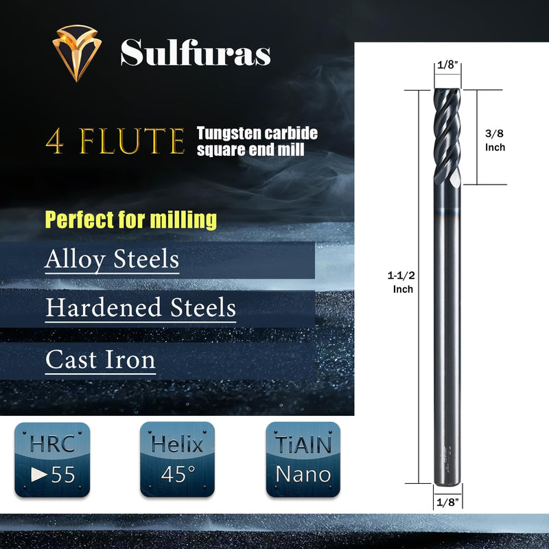 [Australia - AusPower] - 1/8" Carbide Square Nose End Mill Set (5 Pcs), 4 Flute CNC Mill Bits Tools for DIY & Professional, Solid Carbide Cutter (Tungsten Carbide + Cobalt) for Milling Steel and Metals (5Pcs, 1/8) 1/8 in 5 