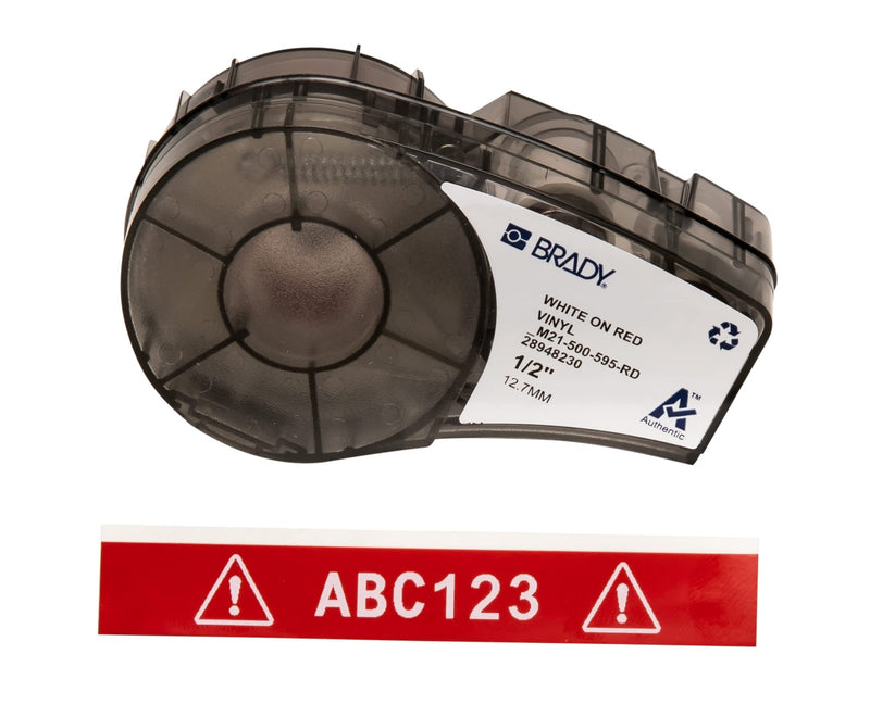 Brady Authentic (M21-500-595-RD) All-Weather Vinyl Label for Indoor/Outdoor ID, Lab and Equipment Labeling, White on Red- For M210, M210-LAB, M211, BMP21-PLUS and BMP21-LAB Printers, .5" W, 21' L .5" W, 21\' L