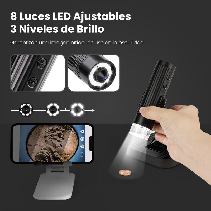 M2C Wireless Digital Microscope 50X-1000X Handheld Portable Microscope 1080P HD with Adjustable Stand, USB Mini Coin Microscope Camera Magnifier Compatible with iPhone Android iPad & PC