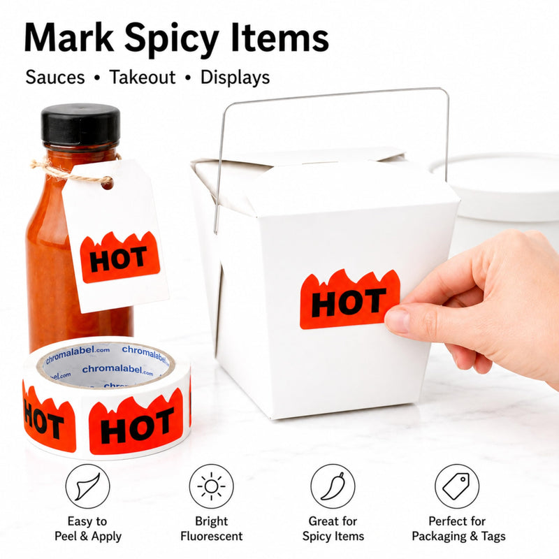 ChromaLabel Hot Stickers, 2 x 1.25 Inch Fluorescent Red Orange Flame Labels, 500/Roll, Rave Hot Stickers for Parties, Festivals, Events, Hot Sauce, Spicy Food & Retail Marking 2" x 1-1/4" Pack of 1