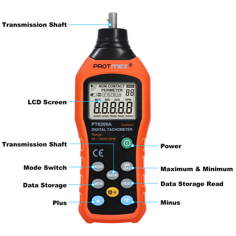 [Australia - AusPower] - PT6208A Digital Contact Tachometer, Contact Measurement Speed Tach Meter, 50-19999RPM Speed Meter, Contact Tach RPM Meter with 100 Groups Data Logging, Data Hold, Max/Min/AVG, Backlight 