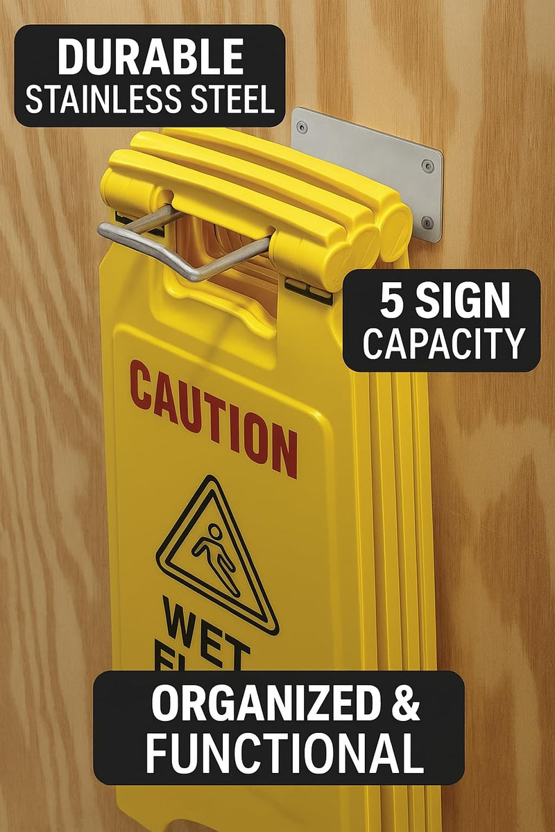 Caution Wet Floor Safety Sign Hanger - Durable Zinc Plated Steel - Wall-Mountable - 5 Sign Capacity - Discreet, Compact, Easy to Install - Hardware Included 1 Pack