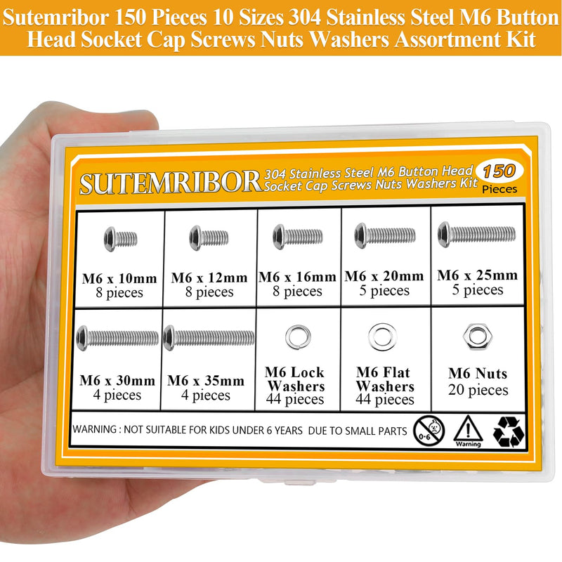 [Australia - AusPower] - 150 Pieces M6 Screws Nuts Washers Set, Sutemribor M6 x 10/12/16/20/25/30/35mm Button Head Socket Cap Screws Nuts Washers Assortment Kit, 304 Stainless Steel, Fully Threaded 