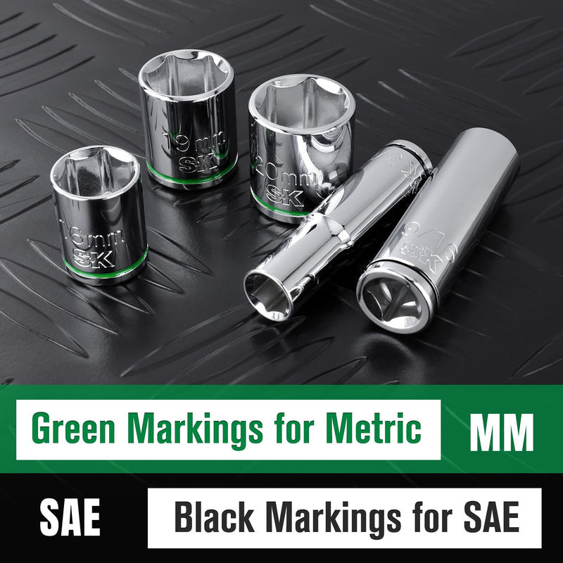 SK 3/8" Drive Socket Set, Metric Sockets, 13-Piece 8-20mm, SuperKrome Finish, Premium CR-V Construction, with Aluminum Socket Organizer Shallow