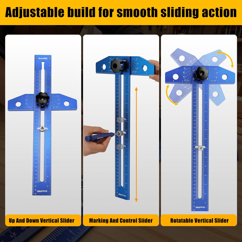 GRENPRO Woodworking Scriber Marking Line Ruler with Carpenter Pencil & Metal Ruler, Adjustable Aluminum Alloy Sliding T-Square Ruler, Measuring Angle Finder with Adjustment Scale,Drawing Aid Rule tool Blue