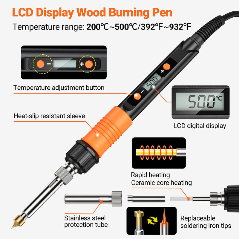 Pyrography Soldering Iron Set, Pyrography Piston Set, Temperature Adjustable 200 ~ 500 °C for Wood, Leather Burning Iron, DIY Gift Set, Coloring Pencils, Leather Engraving Welding, Sculpture, Wood Pyrography