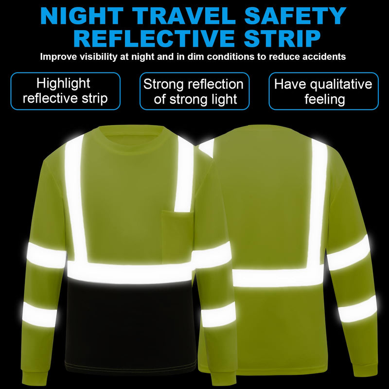 Hi Vis Safety T Shirt Class 3 Reflective Black Bottom Long Sleeve High Visibility Shirts 3pcs Yellow Black Medium