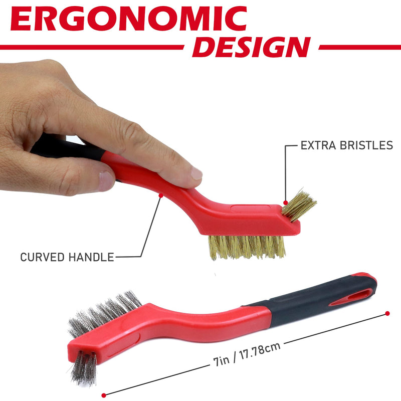 [Australia - AusPower] - TAKAVU Small Wire Brush Set, 3 Different Types Brush, Brass - Stainless Steel - Nylon Wire Brushes for Cleaning with Curved Handle Grip for Rust Removal, Dirt, Paint Scrubbing 3pcs Small Wire Brush 