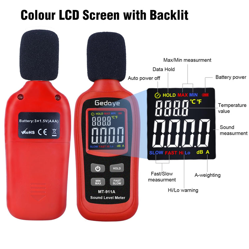 [Australia - AusPower] - Noise Decibel Meter, Gedaye Sound Level Meter Range 35-135dBA, SPL Meter with A Weighted, Data Hold Max/Min, Fast/Slow, Color LCD Backlit Display, Noise Detector dB reader Monitor Audio Measure Device Red 