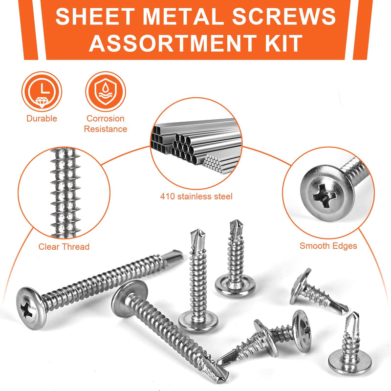 [Australia - AusPower] - 100pcs Premium #8 Self Tapping Screw Assortment Kit, 410 Stainless Steel Sheet Metal Screws, 8 x 1/2" - 2" Self Drilling Screws for Metal, Truss Head 
