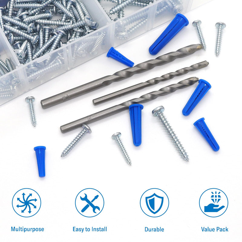 [Australia - AusPower] - Conical Concrete Wall Anchors and Screws Assortment Kit, 228 Pcs Masonry Anchors with 3PCs Drill Bit,114 Brick Wall Anchors and 114 Self Tapping Screws, Blue 