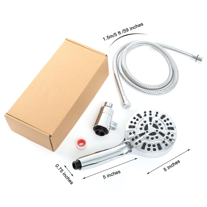 High Pressure Shower Head with Magnetic Back Fixed Base Design,Handheld Showerhead with Hose Set Stainless Steel 59 inches/5 ft 10-Setting 5 inches Large Face,Chrome Finish (Silver) Silver