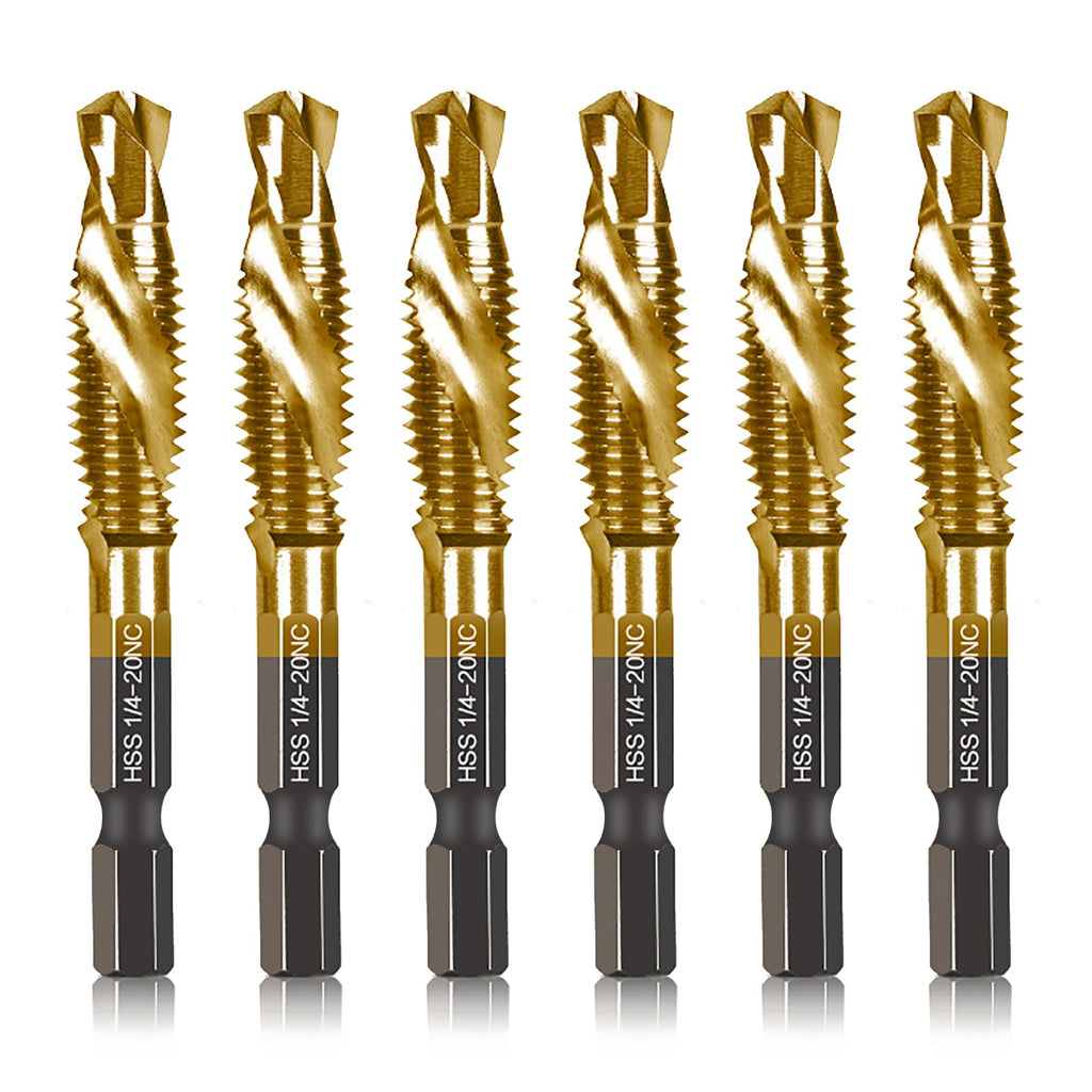 6-pc 1/4-20NC Combination Drill Tap Bit Set SAE, 1/4" UNC-20 Thread Size, Titanium Coated High-Speed Steel, Ideal for Drilling and Threading in Soft Metal Wood and Plastic, 1/4 Hex Shank 6 Pcs 1/4-20NC