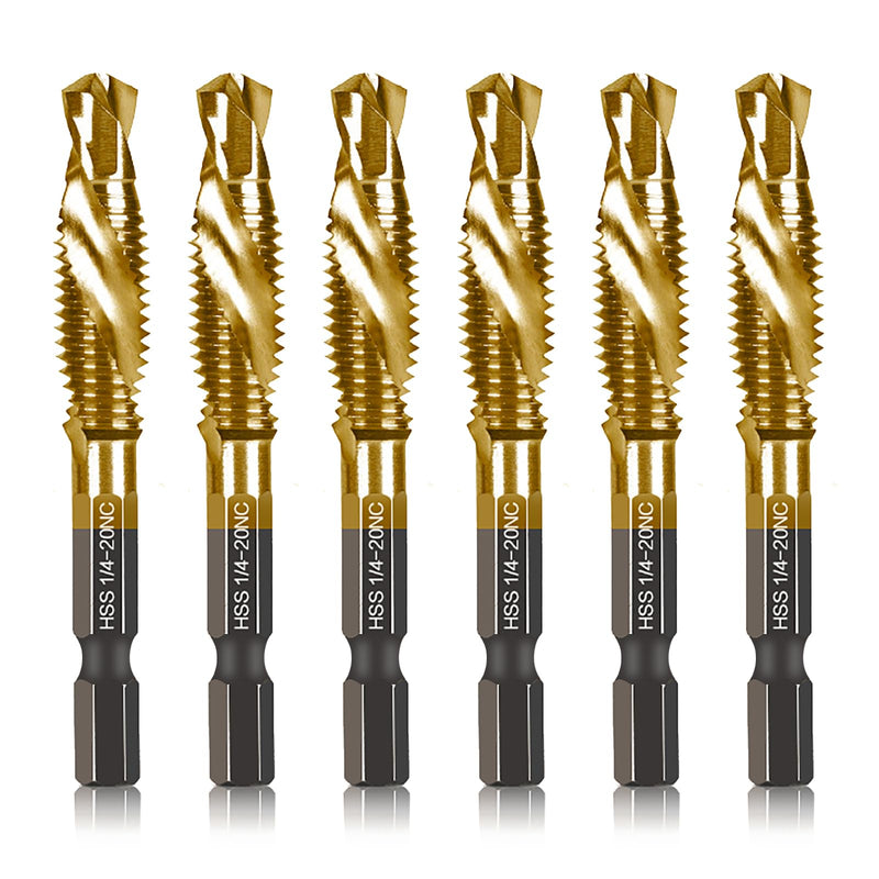 6-pc 1/4-20NC Combination Drill Tap Bit Set SAE, 1/4" UNC-20 Thread Size, Titanium Coated High-Speed Steel, Ideal for Drilling and Threading in Soft Metal Wood and Plastic, 1/4 Hex Shank 6 Pcs 1/4-20NC