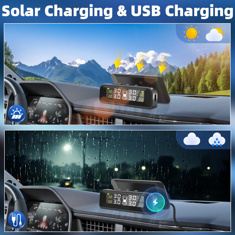 Tire Pressure Monitoring System Solar TPMS,Tire Pressure Monitor System with 4 External Sensors Real-Time Display on Windowshield 22-87 PSI for Car RV SUV MPV Sedan