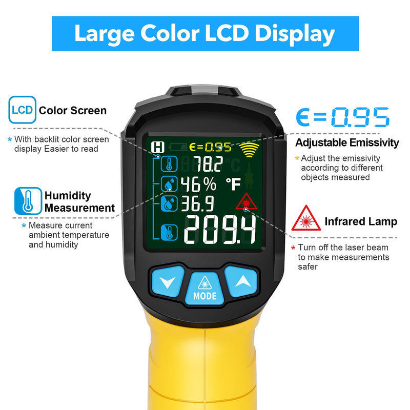 [Australia - AusPower] - Infrared Thermometer Temperature Gun,-58°F to 1472°F Non Contact Digital IR Laser Thermometer Temp Gun with Probe & Humidity Measurement for Cooking,Griddle,Engine,HVAC,Adjustable Emissivity Yellow-58°F to 1472°F(-50~800°C) 