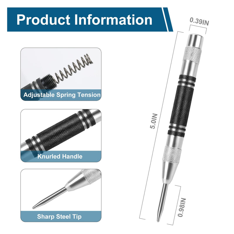 [Australia - AusPower] - 2Pcs Heavy Duty Automatic Center Punch, 5'' Premium Steel Spring Loaded Center Hole Punch, Adjustable Spring Impact Center Marker Scriber Tool for Metel, Plastics, Wood, Glass by karmiero 