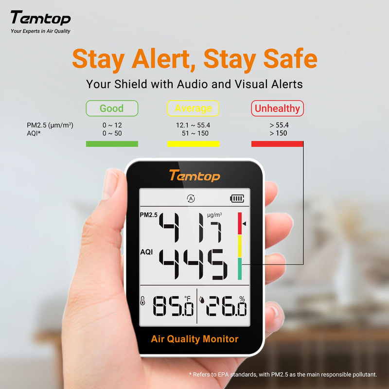 [Australia - AusPower] - Temtop S1-UP Air Quality Meter PM2.5, AQI, Temperature and Humidity, Ultra Long Battery Life of 100 Days, Ideal for Home and Office S1-up(Extended Standby) 