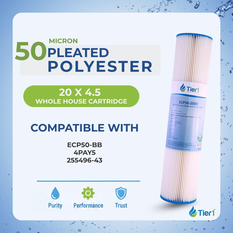 Tier1 50 Micron 20 x 4.5 Water Filter | Pleated Polyester Whole House Sediment Filter Cartridge | Replacement for Pentek ECP50-BB, 4PAY5, 255496-43 | 4.5 x 20 Water Filter 1 Pack