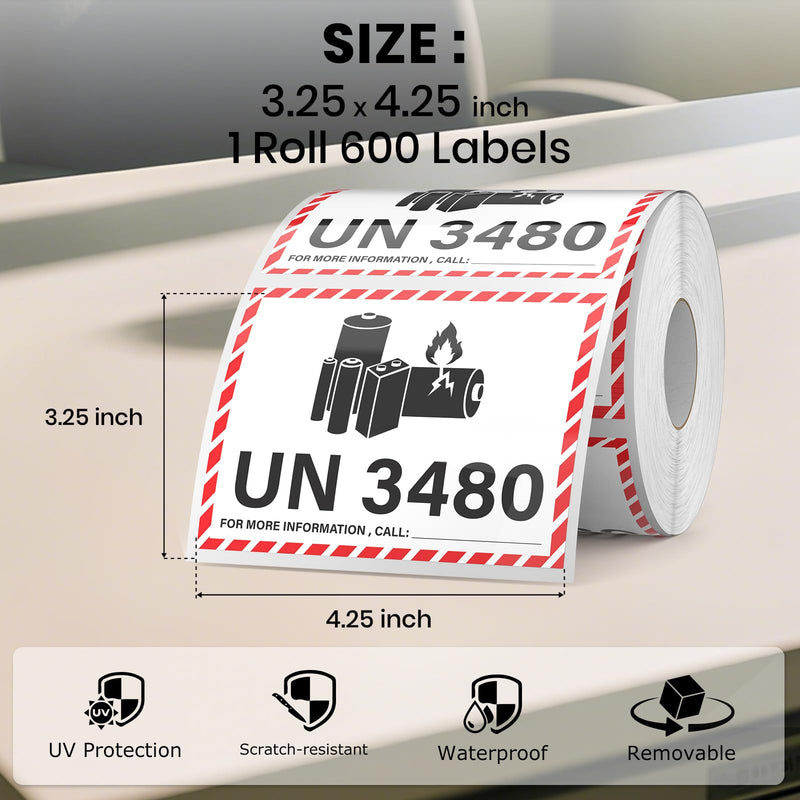 4.25×3.25 Inches UN3480 Caution Lithium Battery Labels 600 PCS Lithium Ion Battery Transport Safety Stickers