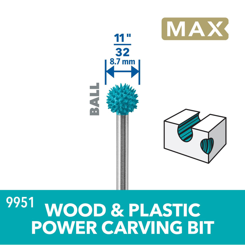 [Australia - AusPower] - Dremel 9951 Ball Tip 11/32" Power Rotary Carving Bit - Ideal for Removal and Smoothing Applications in Wood, Plastic, Foam, and Rubber 