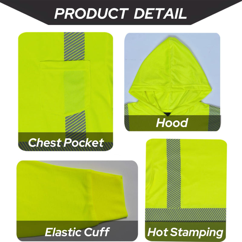 FONIRRA Hi Vis Shirts for Men Reflective Safety T-Shirt with Hood High Visibility Construction Work Long Sleeve XX-Large Yellow-1pcs