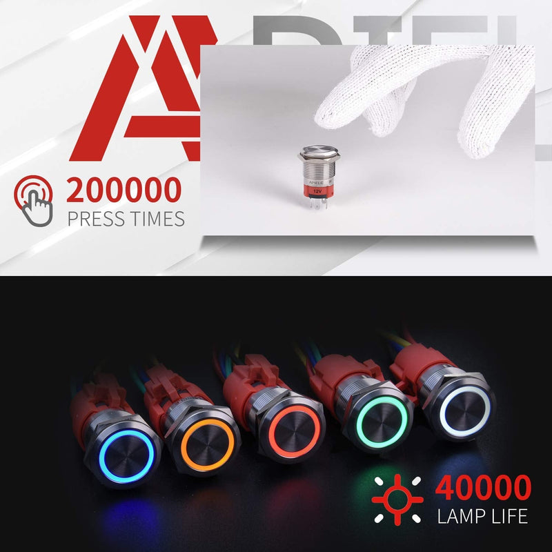 APIELE Latching Push Button Switch 19mm 12V- 24V DC LED SPDT 1NO1NC Stainless Steel Metal Push Button Switch with Pigtail 6PCS (Silver Shell-Blue, 19MM) Silver Shell-Blue
